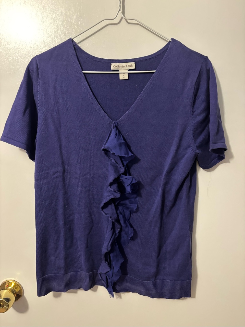 Vintage Silk Cotton Blend Quiet Luxury Purple Ruffle V-Neck Short Sleeve Top